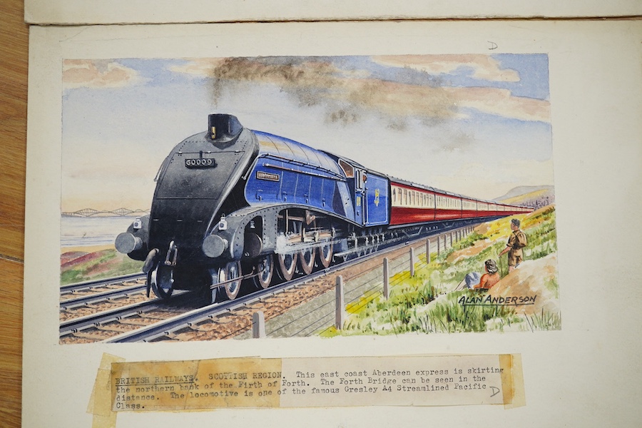 Alan Anderson, four original watercolours for postcards, Vintage Steam Trains, ‘A1 class Queen of Scots’, ‘Southern Region Golden Arrow’, ‘A2 class Barham’ and ‘A4 Pacific Union of South Africa, three signed, mounted, 24